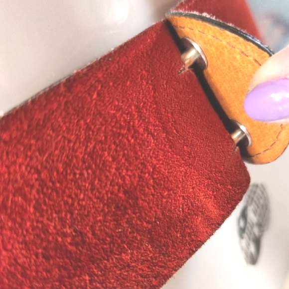 Vtg Lace Up JEWEL CASE Red Suede Leather Silver Cross Tie Easy Back Closure Belt - Picture 7 of 16